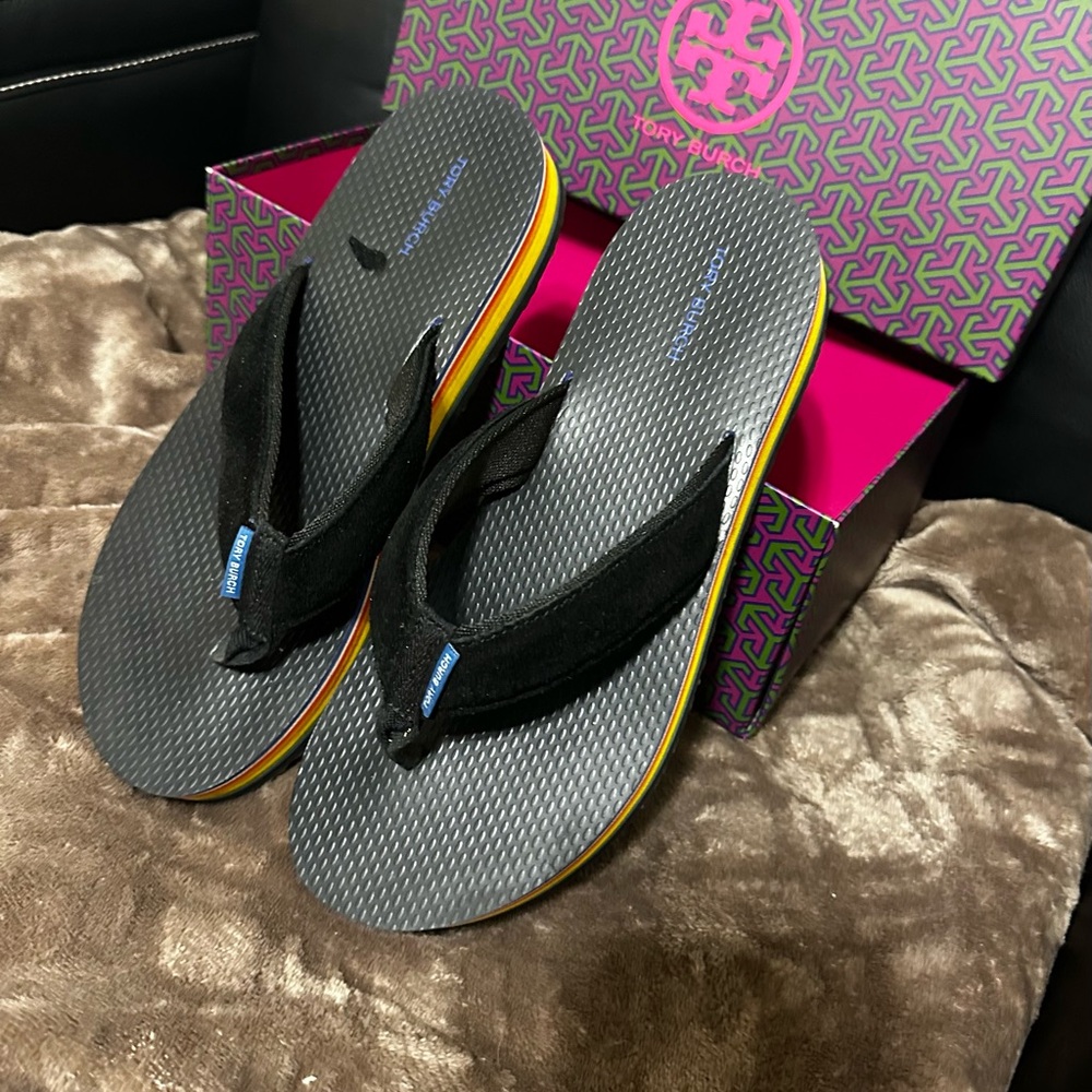 Tory Burch Black and Yellow Flip Flops